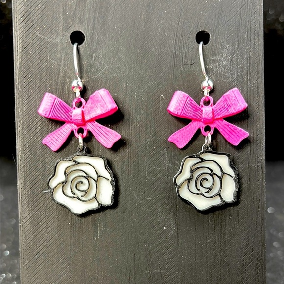 Handmade Jewelry - Pink Bow and White Rose Earrings